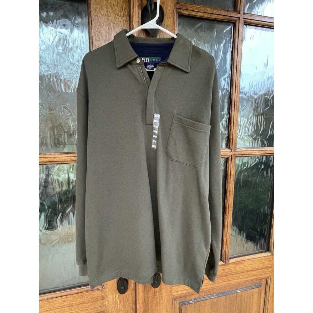 R&R Mens Shirt L Green Rugby Polo Long Sleeve Solid Half Zip Pullover New